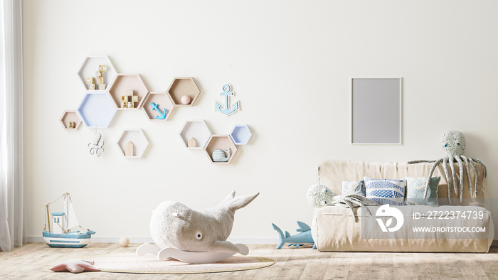 Poster frame mock up in stylish childrens room interior in light tones with toys, bed and shelves, 