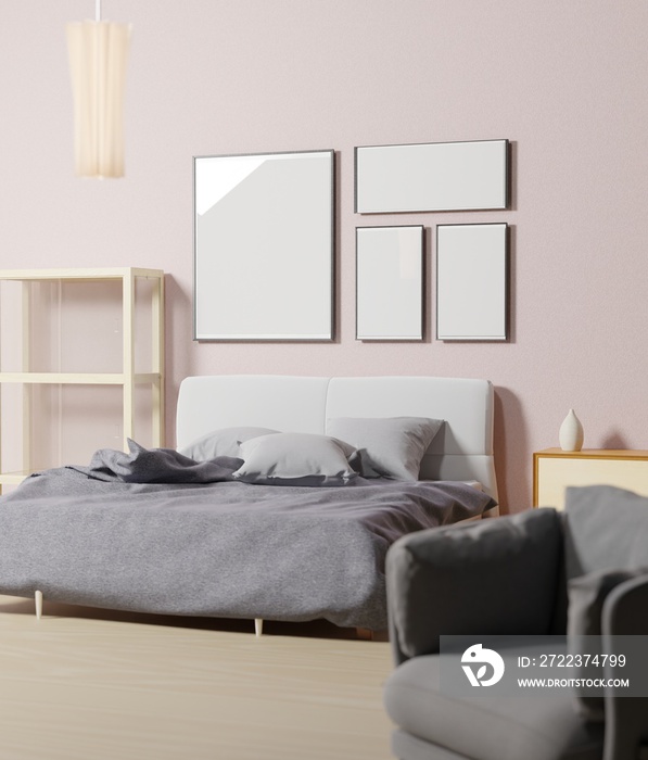 简约的卧室设计三维渲染，白色房间中的画廊墙框架模型，带有时尚和现代的f
