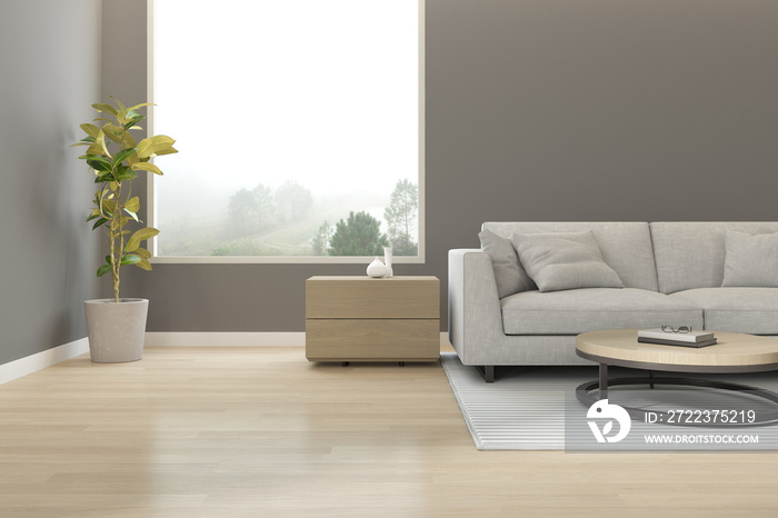 3d rendering of modern living room with large window and sofa on nature background.