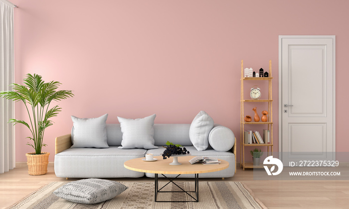 粉色客厅的灰色沙发和枕头，3D渲染