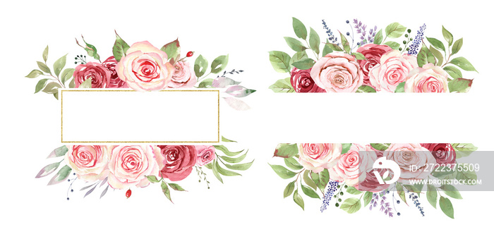 红色和粉色玫瑰、绿色叶子和金色人物的水彩花环。波西米亚节日装饰。B