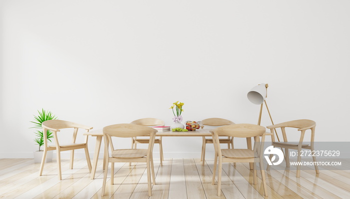 明亮宽敞的餐厅，木质大桌子和白色墙壁背景的灯，3D渲染