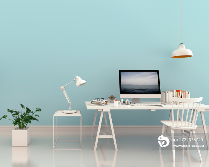 室内现代客厅明亮工作空间的3D渲染图，配有办公桌和笔记本电脑，绿色
