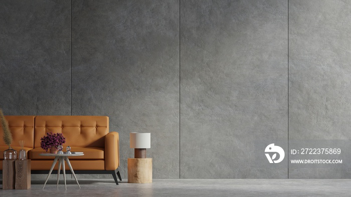 Leather sofa and a wooden table in living room interior with plant,concrete wall.