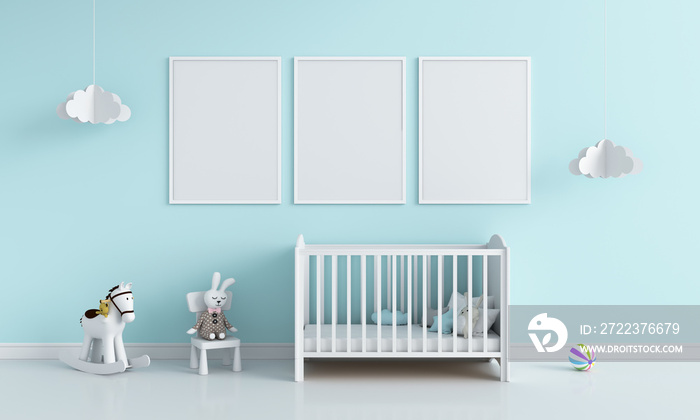 Three blank photo frame in child room for mockup, 3D rendering