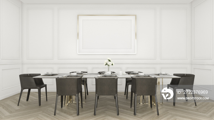 现代豪华餐厅，配有桌椅、白色图案墙和相框。三维渲染