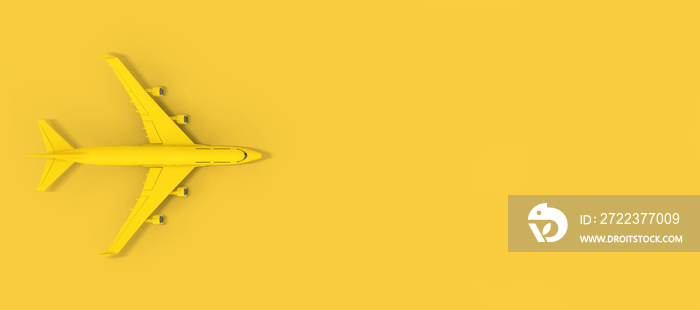 黄色喷气式客机俯视图，留白供您设计。三维效果图