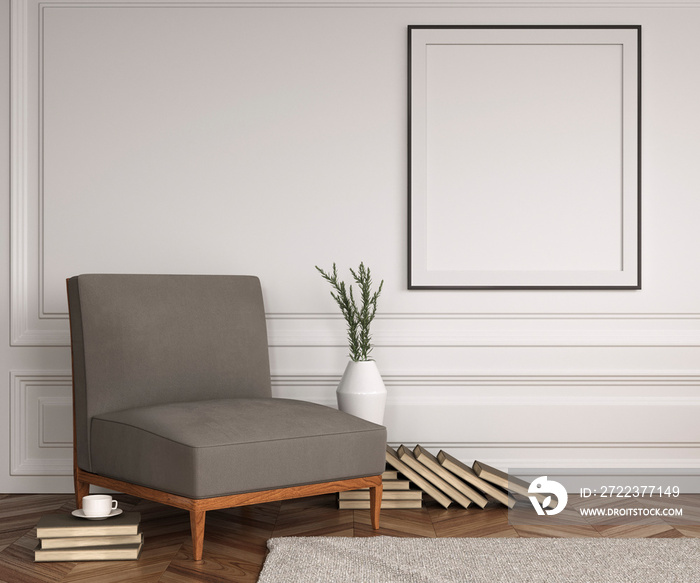 interior, mock up poster frame in modern interior background, living room, Scandinavian style, 3D re