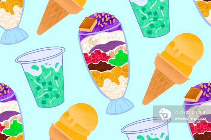 Filipino halo-halo, cheese sorbetes, and buko pandan on light blue background illustrated pattern