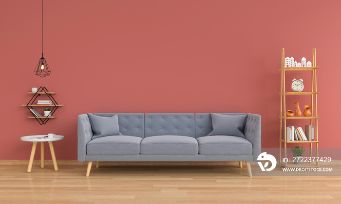 Gray sofa on wooden floor in living room, 3D rendering