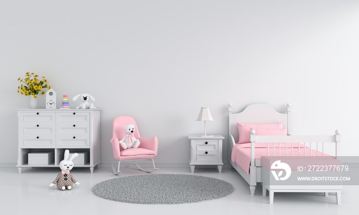 White girl child bedroom interior for mockup, 3D rendering