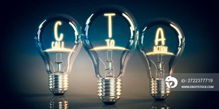 CTA, call to action concept - shining light bulbs - 3D illustration