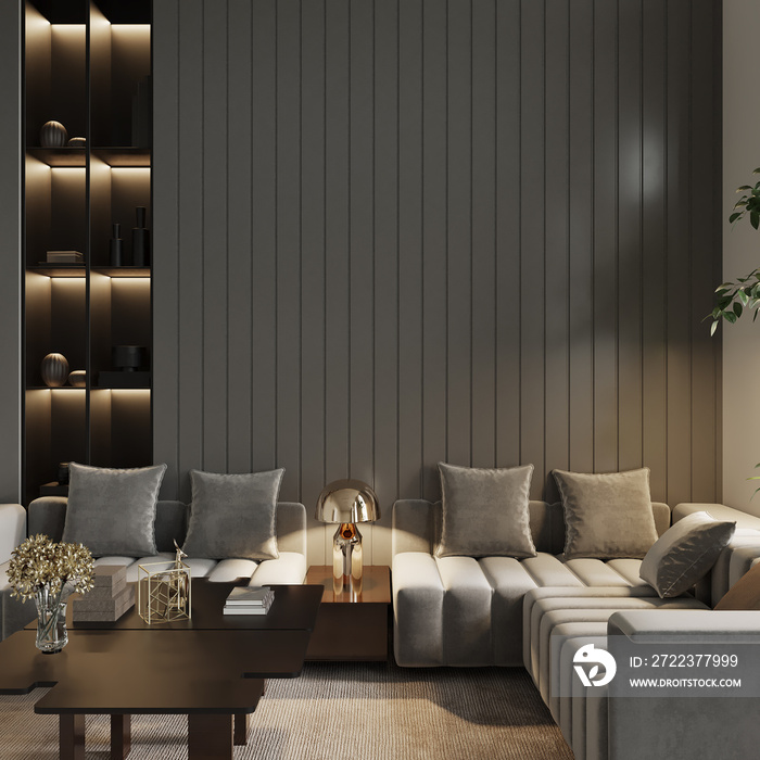 living room interior with sofa and shelf, 3d render