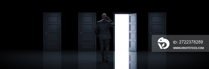 Businessman choosing the right door. 3d rendering