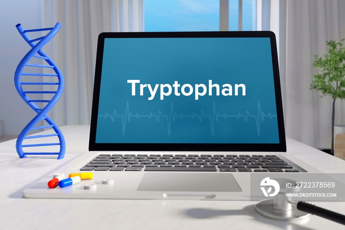 Tryptophan – Medicine/health. Computer in the office with term on the screen. Science/healthcare