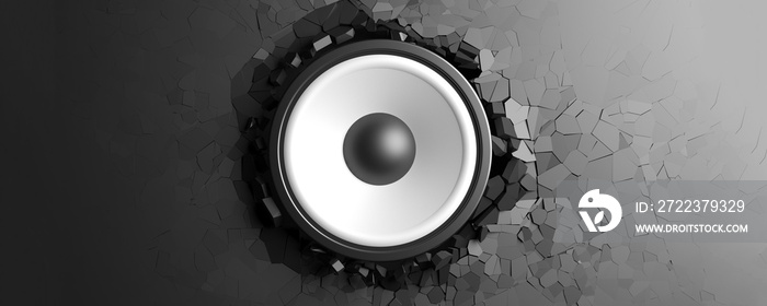 Black wall breaks from sound with speaker. 3d illustration