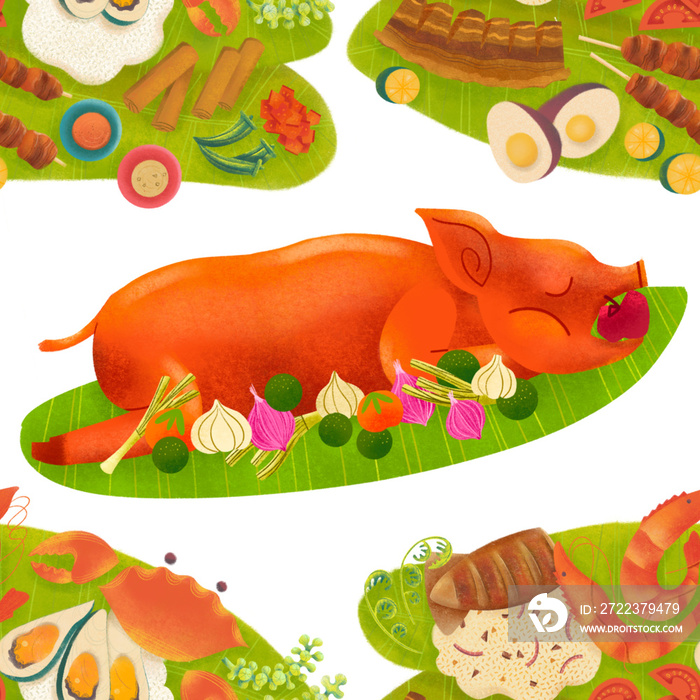 Filipino lechon roasted pig and boodle fight food spread on banana leaves illustrated pattern