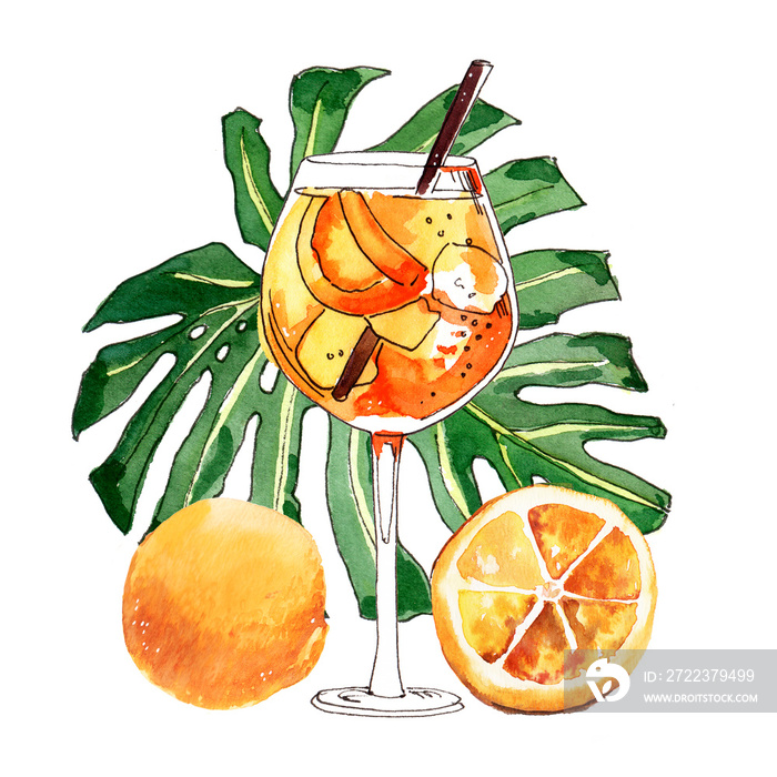 Watercolor hand-painted summer Aperol Spritz cocktail illustration on white background