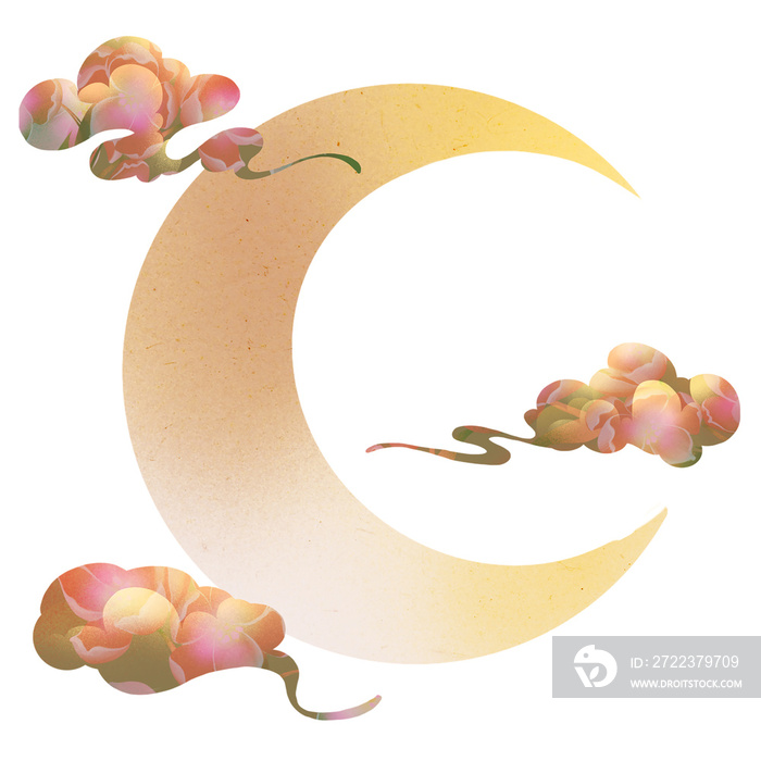 Moon with flowery clouds in Asian style, digital illustration, zen, transparent background