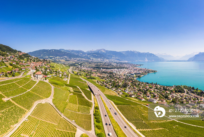 Stunning aerial view of the famous Lavaux vineyard by Vevey and lake Geneva in Canton Vaud in Switzerland