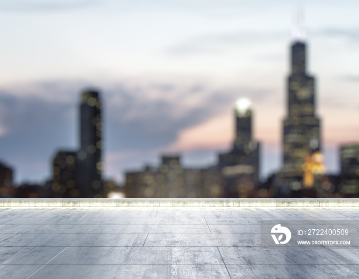 Empty concrete dirty rooftop on the background of a beautiful blurry Chicago city skyline at night, mock up