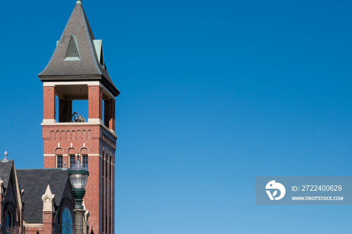 Church steeple and deep blue sky in Rock Hill, South Carolina, USA.