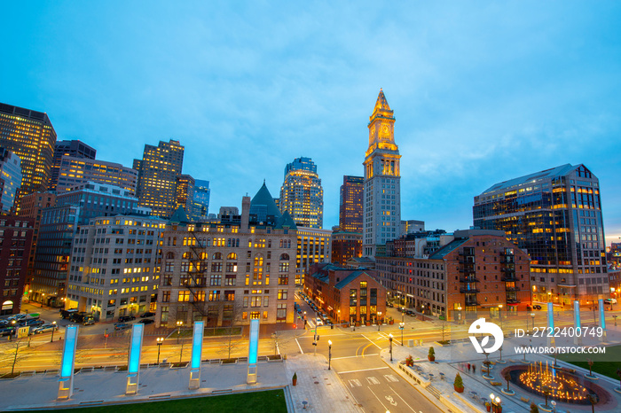 Boston Custom House and Financial District skyline at night, Boston, Massachusetts, USA.