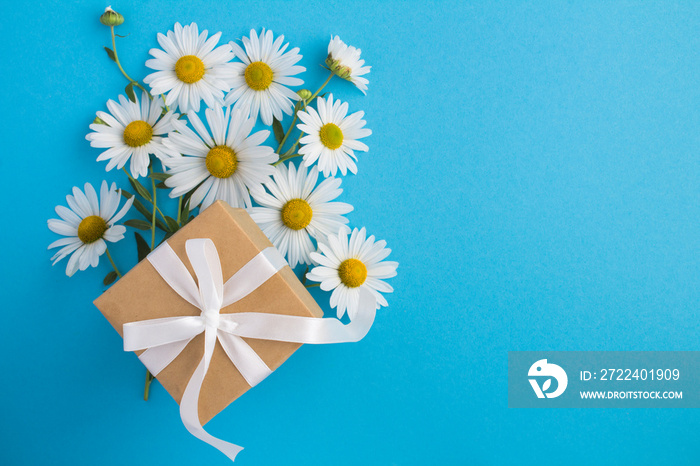 Top view of gift box with white ribbon and chamomiles  on the blue  background. Copy space.