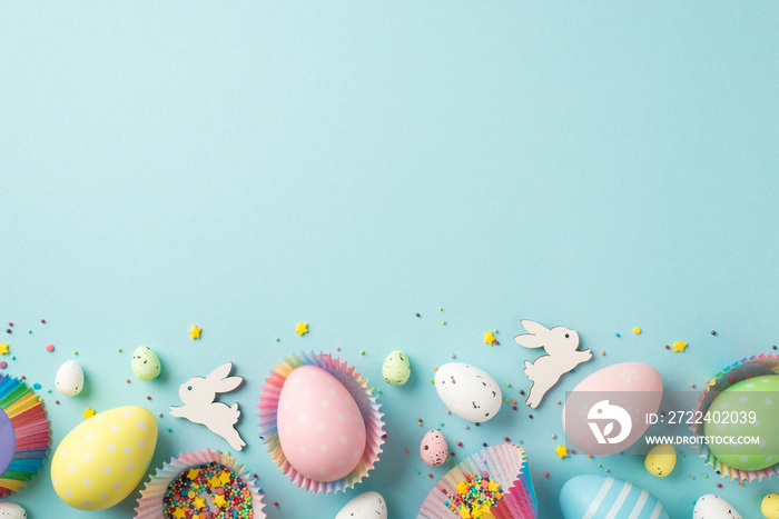 Top view photo of easter decorations easter bunnies multicolored easter eggs in paper baking molds and confectionery topping on isolated pastel blue background with copyspace