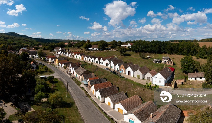 Wine cellars in the village of Villanykovesd, Villany, Hungary. Aerial drone photo.