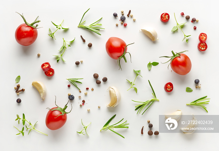 Tomatoes and various herbs and spices