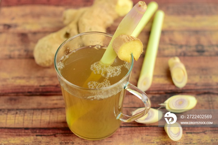 Ginger lemongrass tea on white background