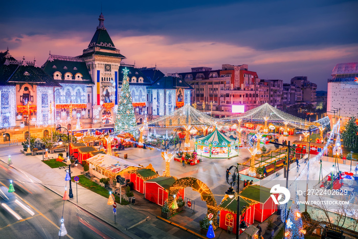 Craiova Christmas Market in historical Oltenia, Romania travel background.