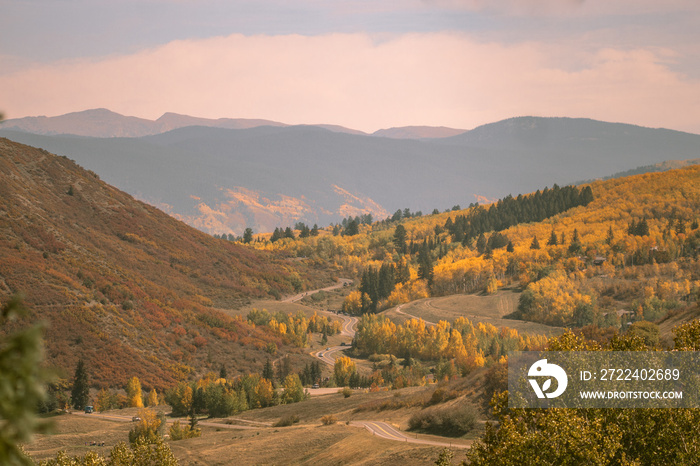 Beautiful mountains in Aspen on the Fall foliage season in September. Colorful trees in the mountains of Colorado state.