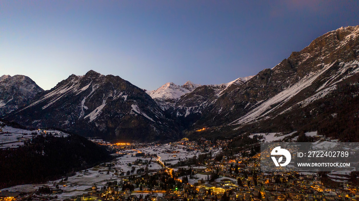 View of Bormio (Italian Alps) at sunset