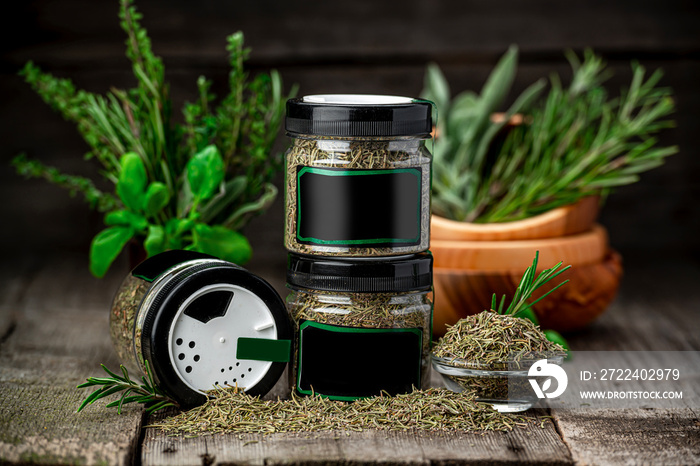 Herbes de Provence, mixture of dried herbs, marjoram, rosemary, thyme, oregano, used with grilled food and stew.