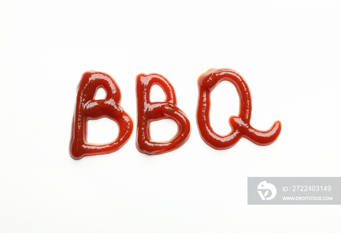 Inscription BBQ made of sauce on white background, top view