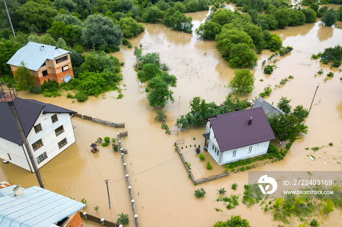 Aerial view of flooded houses with dirty water of Dnister river in Halych town, western Ukraine.