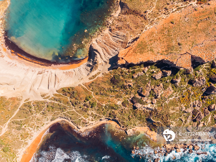 Ghajn Tuffieha Golden bay on Malta island, aerial top view