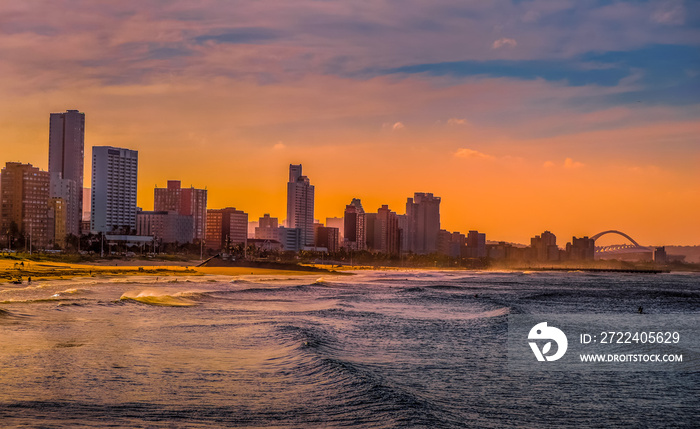 Durban golden mile beach with white sand and skyline South Africa