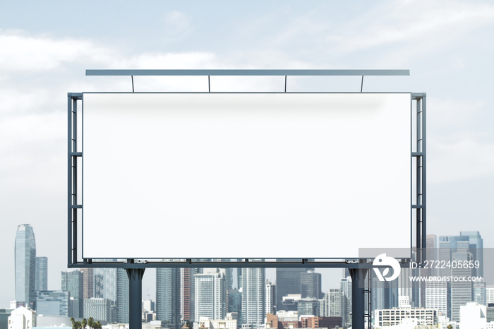 Blank white horizontal billboard on skyline background at daytime, front view. Mock up, advertising concept