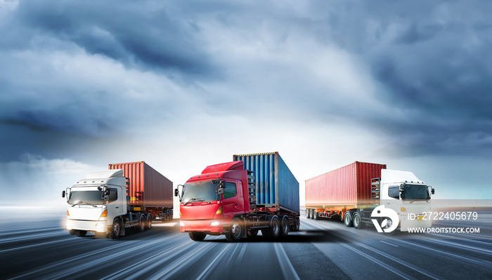 Truck transport with red container on highway road at sunset, motion blur effect, logistics import export background and cargo transport industry concept