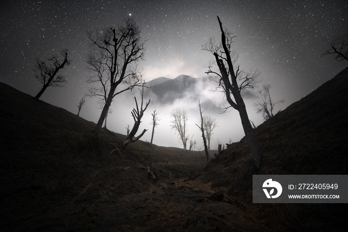 Active turrialba volcano at night under the stars with dead trees in costa rica, central america