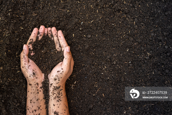 two hands holding and lifting fertile soil