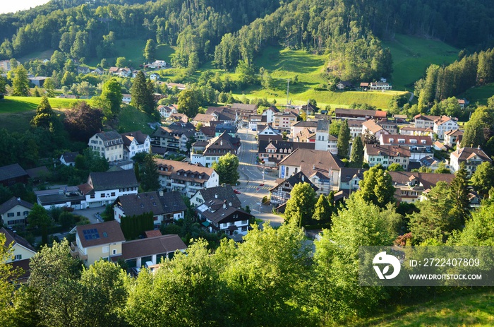 view of the small village of bauma in the toesstal in zurich oberland. Surrounded with a lot of hills and forests. Swiss