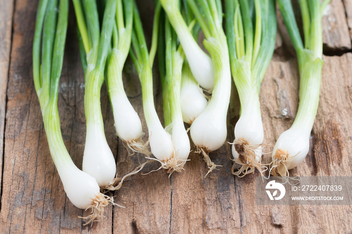 Pile of fresh spring onion on wood table