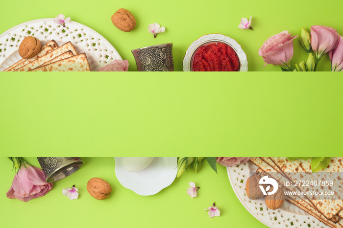 Jewish holiday Passover background with matzo, seder plate and spring flowers.