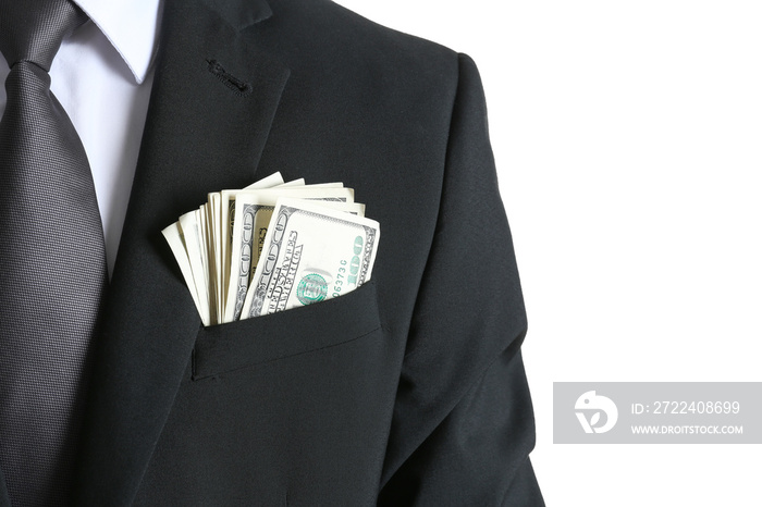 Businessman with dollar bills in pocket on white background, closeup