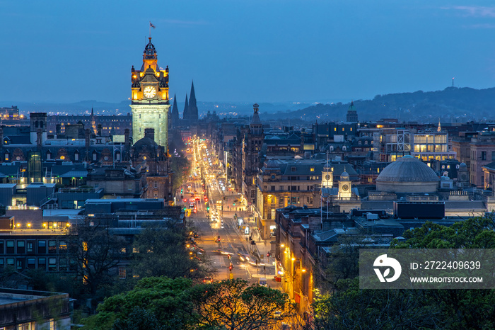 View Over Princess Street and the City of Edinburgh in Scotland from Carlton Hill