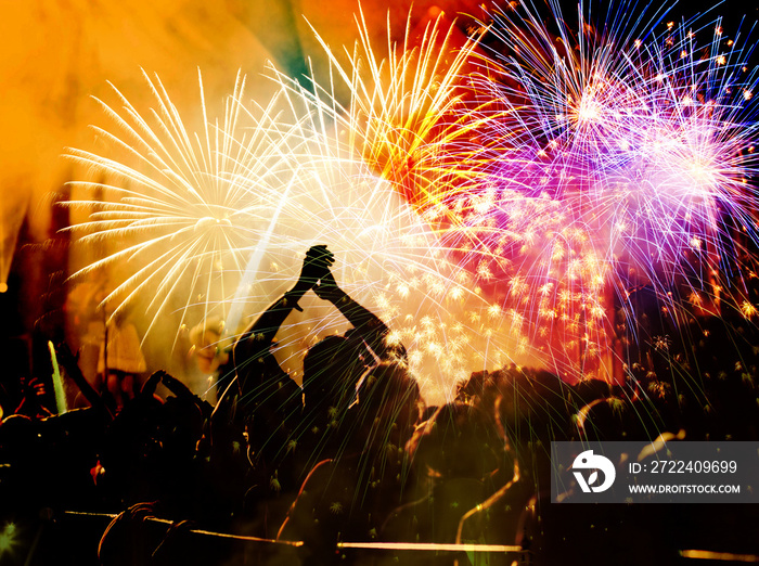 cheering crowd and fireworks